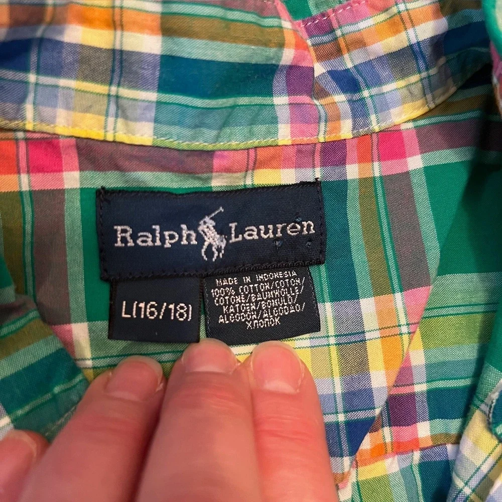 Ralph Lauren Boys Short Sleeve Plaid Preppy Button Down Size L 16/18